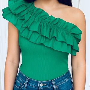 Zara Green Ruffled One-Shoulder Bodysuit Size M Brand New